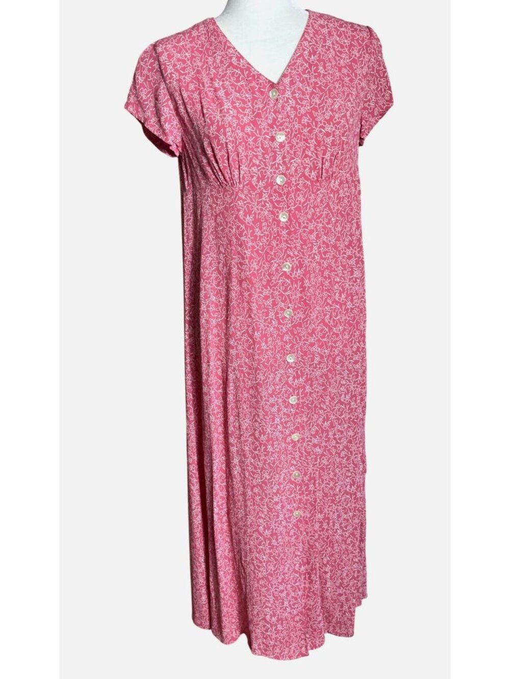 April Cornell Dress Rose Pink Floral Button Aline Midi Cottagecore Dainty Wom XS